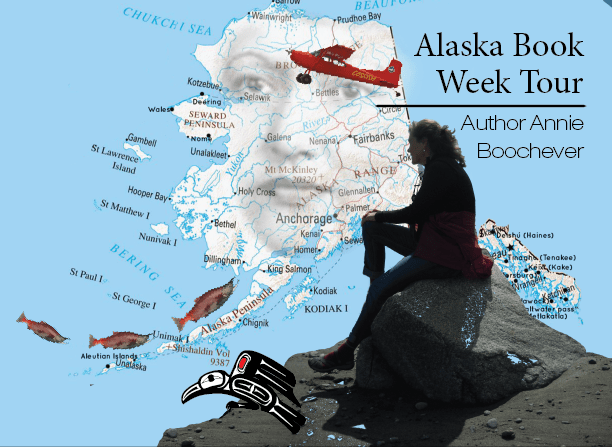 Annie Boochever sitting on a rock looking out at the state of Alaska. Icons from her two published novels are integrated into the picture.